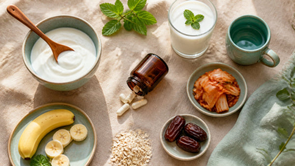 Yoghurt, laban, oats, dates and probiotic capsules on linen – 10 signs your gut may need probiotics, Healthana probiotics Bahrain guide