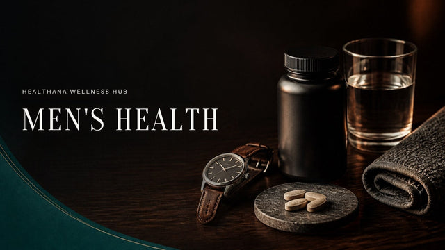Watch, supplement bottle and tablets on walnut – Healthana men's supplements guide