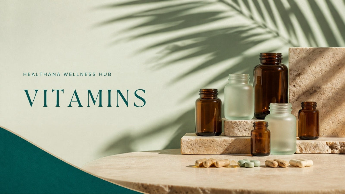 Supplement bottles and capsules on stone – Healthana vitamins guide
