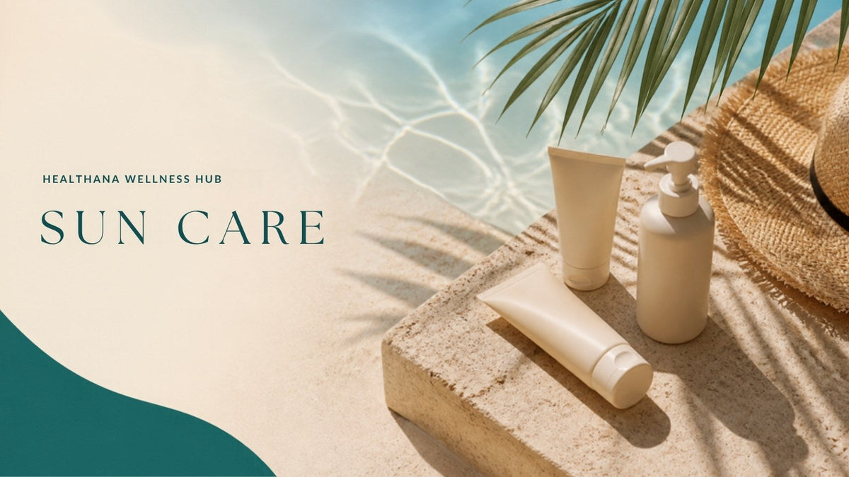 Sunscreen tubes on sand-coloured stone with palm shadow – Healthana sun care guide