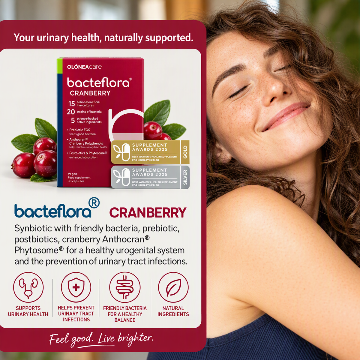 Bactoflora Cranberry dietary supplement package shown alongside a smiling woman with closed eyes, with text highlighting urinary health support and product benefits.