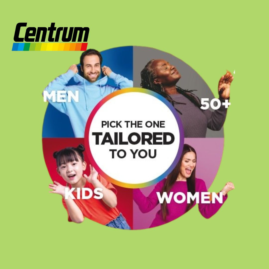 Promotional graphic for Centrum personalized health products, featuring a green background and a central circular graphic with images of men, women, and a child labeled MEN, KIDS, and WOMEN. The Centrum logo is in the top left, and the text reads 'PICK THE ONE TAILORED TO YOU' with '50+' on the right.