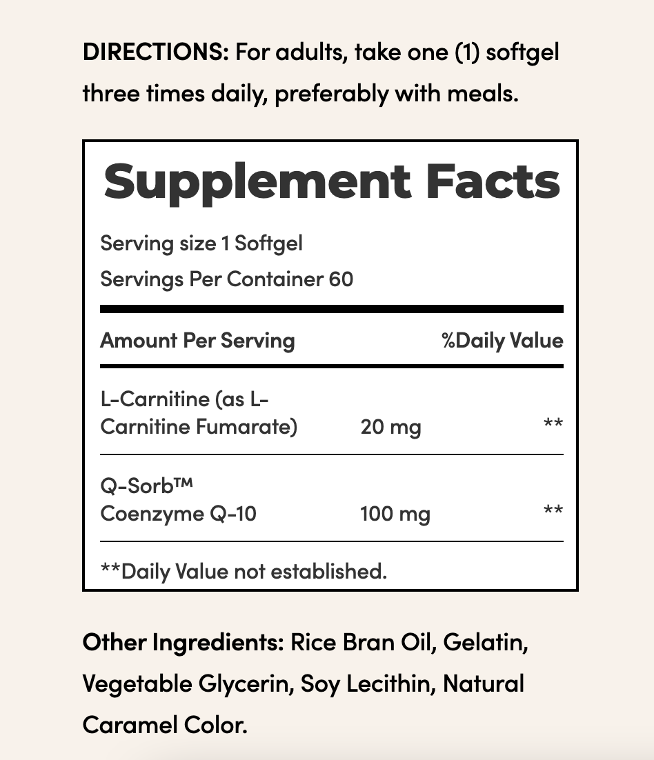 Co-Q10 100mg plus L-Carnitine 20mg - 60 Softgels Healthana.co Co-Q10 100mg plus L-Carnitine 20mg - 60 Softgels Healthana.co