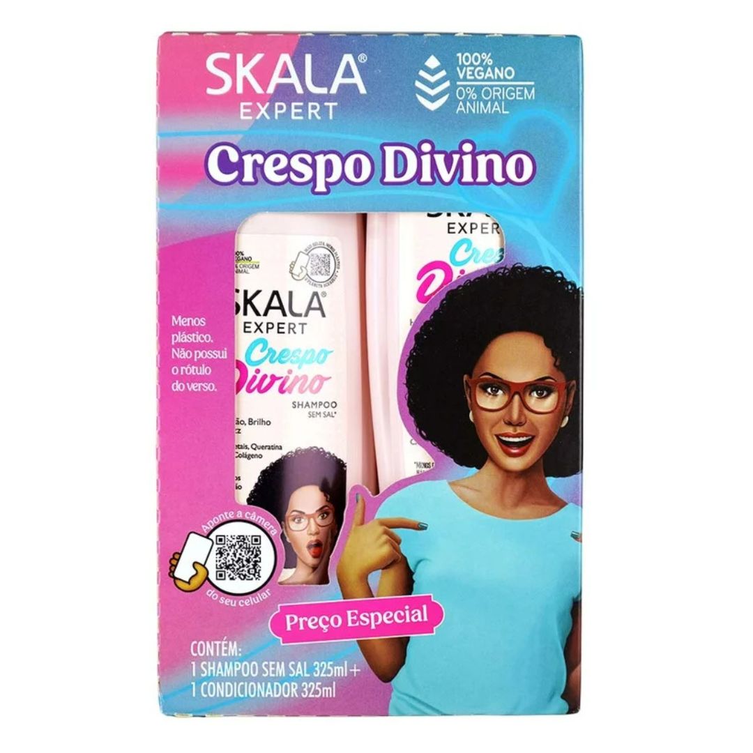 Skala Expert Crespo Divino hair care product packaging with a woman and product illustration.