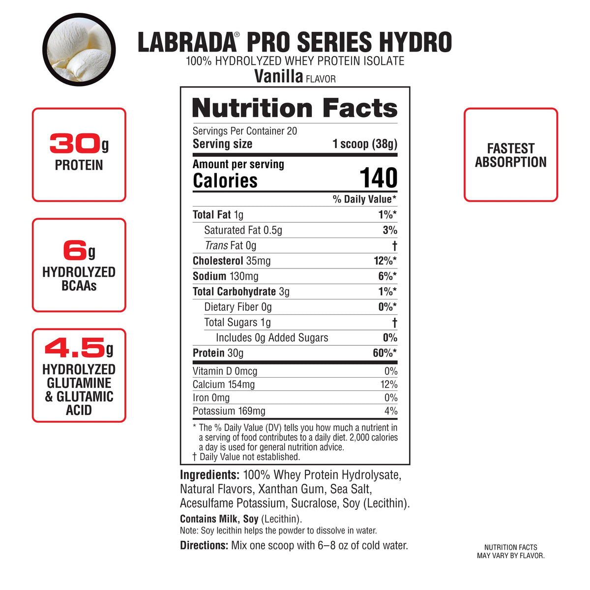 Labrada Hydro Hydrolyzed Whey Protein Isolate Instantized Powder