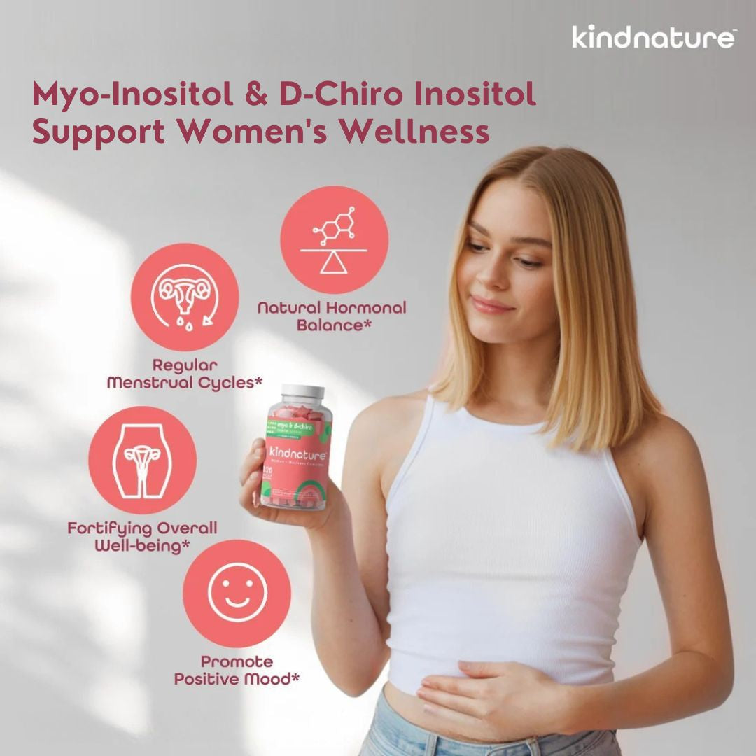 Woman holding a supplement bottle with Kindnature branding, promoting women's wellness.
