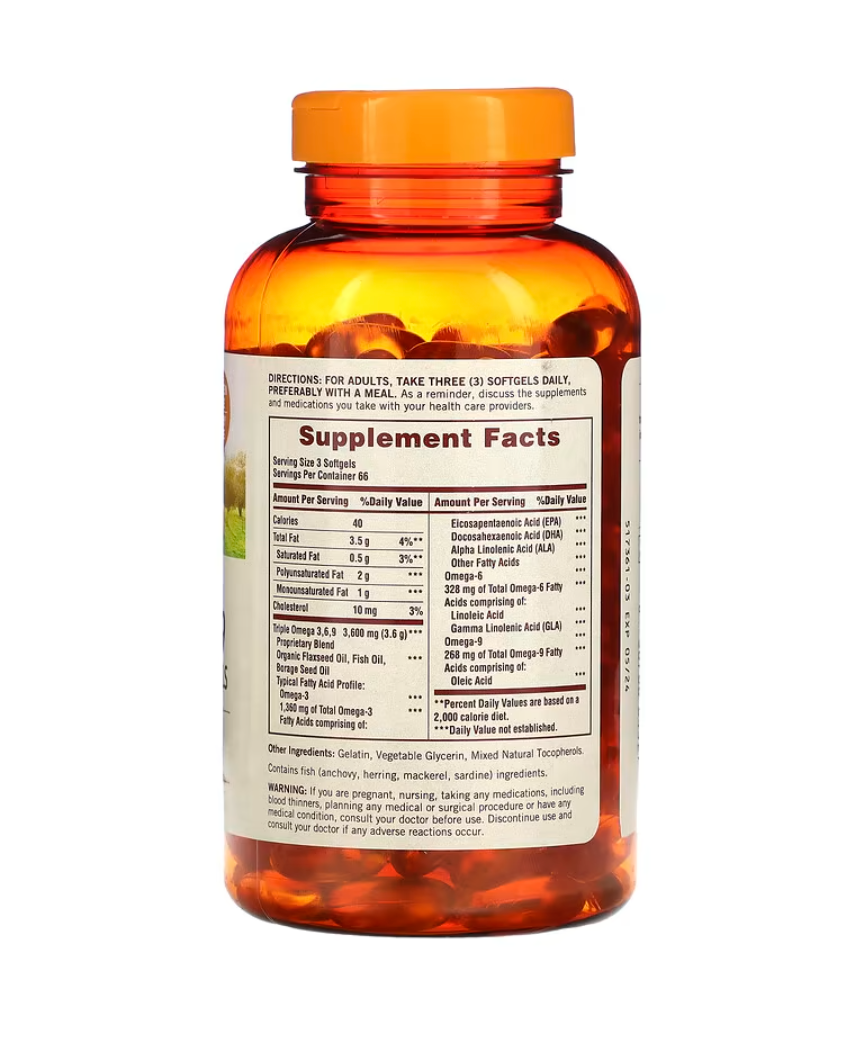 Omega 3-6-9 Flax, Fish Borage Oils 200 Softgels –