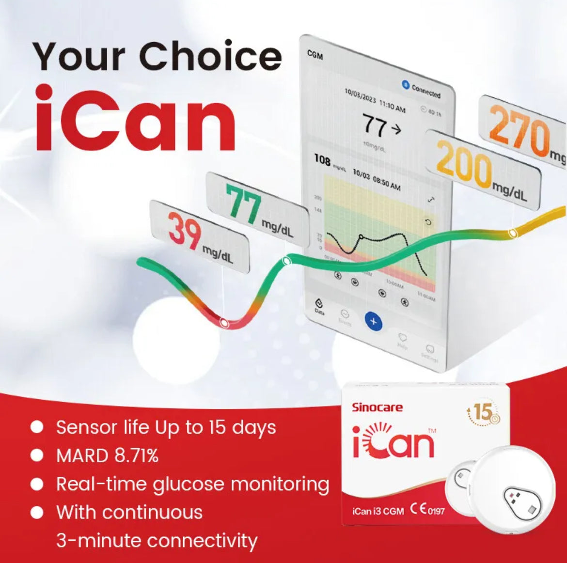 Sinocare iCan i3 CGM continuous glucose monitoring sensor