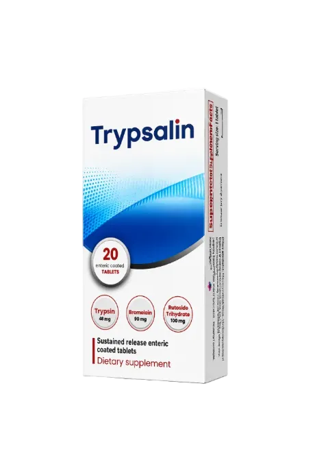A box of Trypsalin dietary supplement containing 20 enteric coated tablets. The packaging is white with a blue wave graphic, featuring the brand name 'Trypsalin' in blue, a circular badge indicating '20 enteric coated TABLETS', and three red circular icons for Trypsin 16 mg, Bromelain 50 mg, and Rutoside Trihydrate 100 mg.