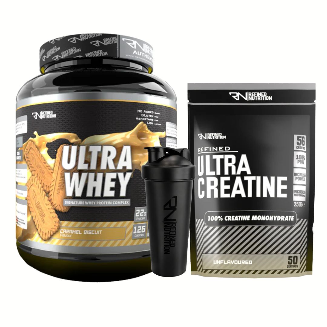 مجموعة بروتين مصل اللبن الفائق (2 كجم مصل اللبن | 30 حصة + 250 جم كرياتين | 50 حصة) + كوب خلط مجاني