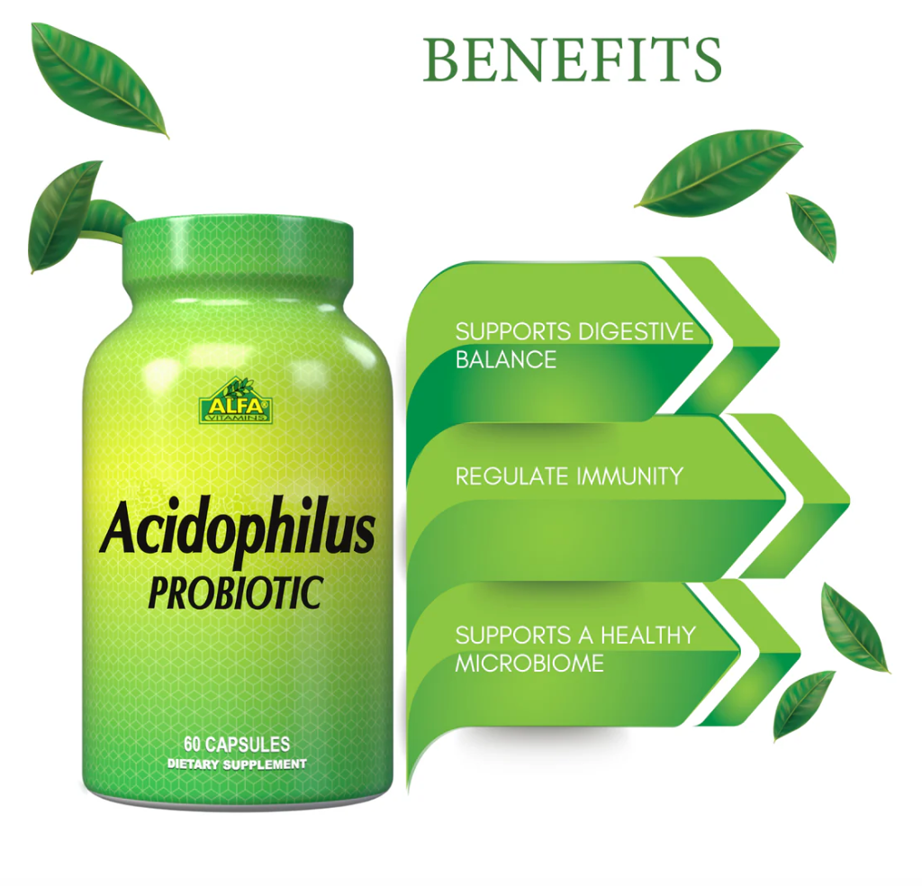 Alfa Vitamins Acidophilus Probiotics 300 mg, 60 Capsules | Lactobacillus Acidophilus Probiotic Capsules – product photo