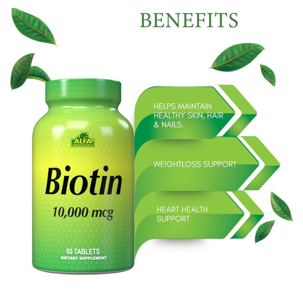 Alfa Vitamins Biotin 10,000 mcg, 60 Tablets | High-Strength Biotin for Hair and Skin – product photo