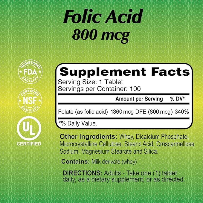 Alfa Vitamins Folic Acid 800 mcg, 100 Tablets | Folic Acid 800 mcg Daily Tablets – product photo