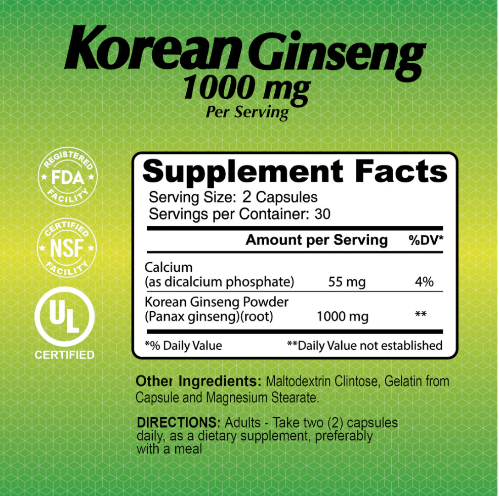Alfa Vitamins Korean Ginseng 1000 mg, 60 Capsules | Pure Korean Ginseng Root Powder Capsules – product photo
