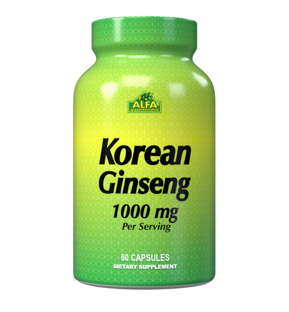 Alfa Vitamins Korean Ginseng 1000 mg, 60 Capsules | Pure Korean Ginseng Root Powder Capsules