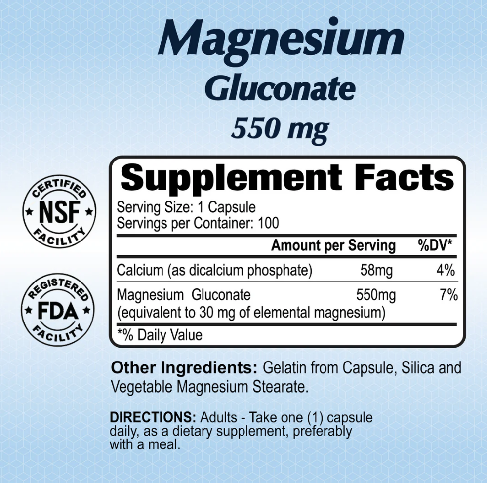 Alfa Vitamins Magnesium Gluconate 550 mg, 100 Capsules | Magnesium Gluconate 550 mg Capsules – product photo