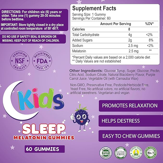 Alfa Vitamins Melatonin Kids Gummies 2.5 mg, 60 Gummies | Blackberry-Flavoured Melatonin Gummies for Kids – product photo