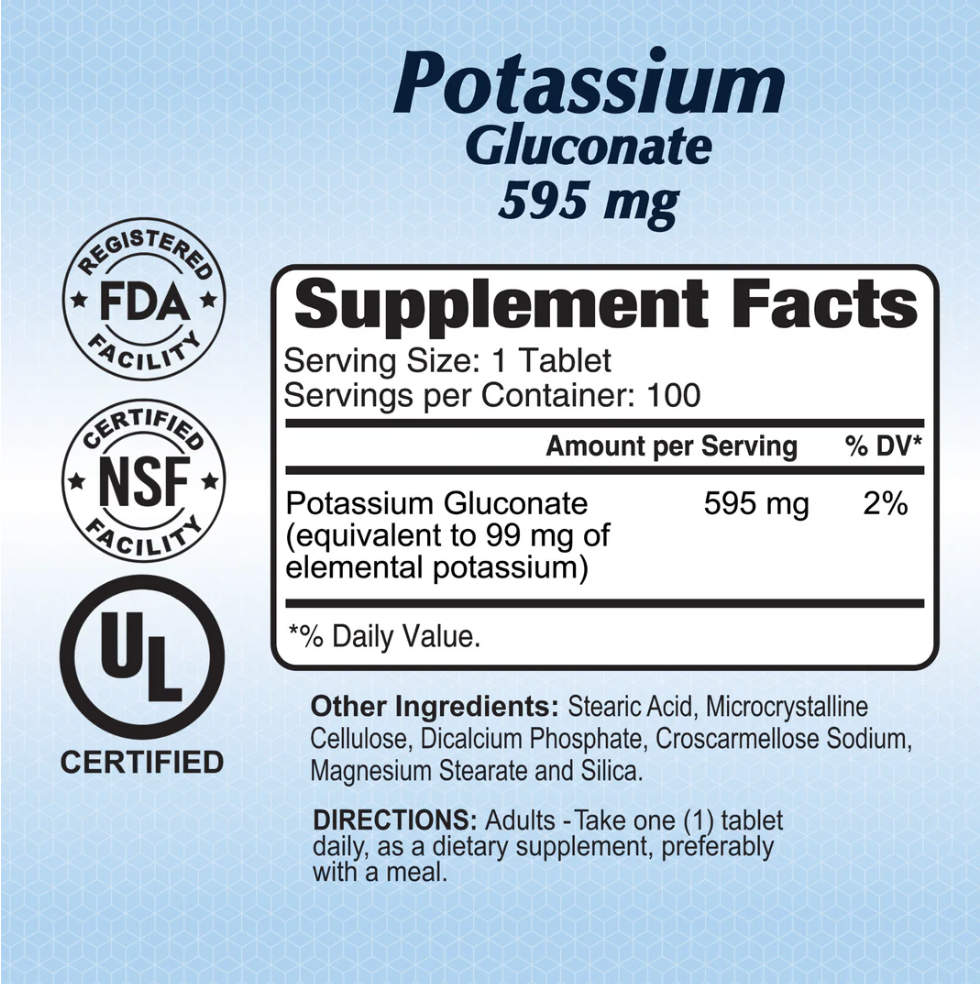 Alfa Vitamins Potassium Gluconate 595 mg, 100 Tablets | Potassium Gluconate 595 mg Tablets – product photo