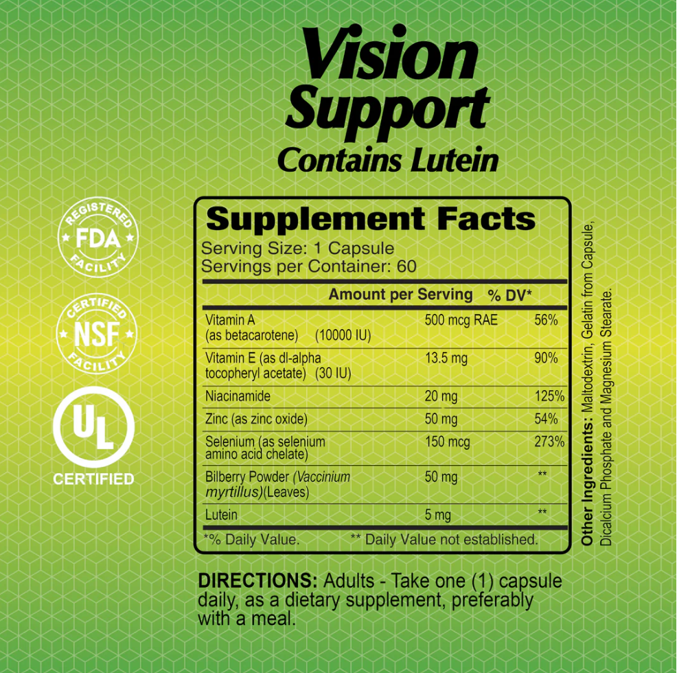 Alfa Vitamins Vision Support with Lutein, 60 Capsules | Eye Formula with Lutein, Bilberry and Vitamins – product photo