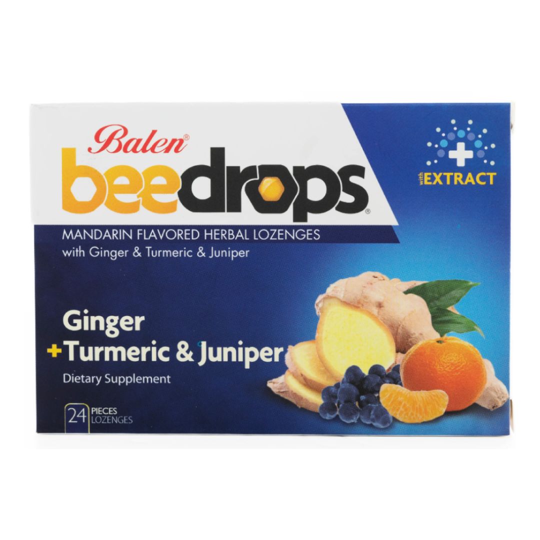 BeeDrops Ginger, Turmeric & Juniper Herbal Lozenges (Mandarin), 24 Lozenges – product photo