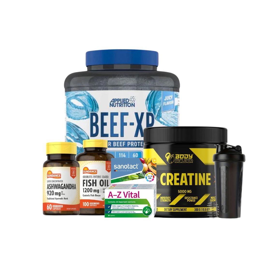 Beef | Creatine | ASHWAGANDHA |Fish Oil 1200 mg  Exclusive Bundle + Free Shaker