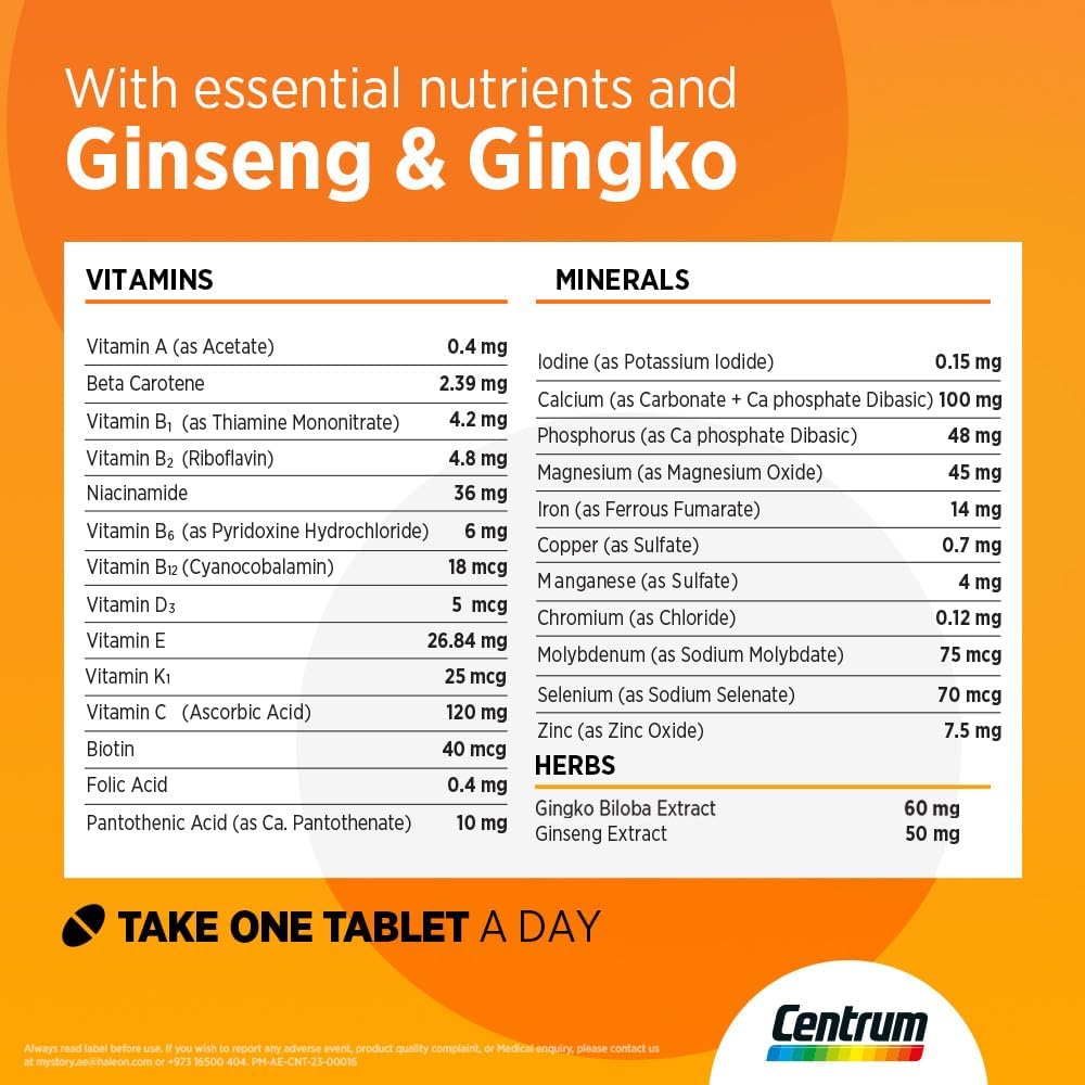 Centrum Energy, 100 Tablets | Multivitamin with B Vitamins, Ginseng & Ginkgo – product photo