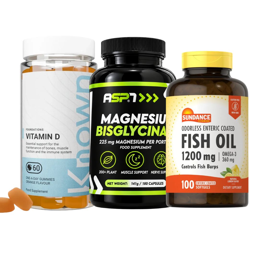 Daily Foundation Bundle (ASPN Magnesium Bisglycinate 180 Caps + Vitamin D 60 Gummies + Fish Oil 1200mg 100 Softgels)