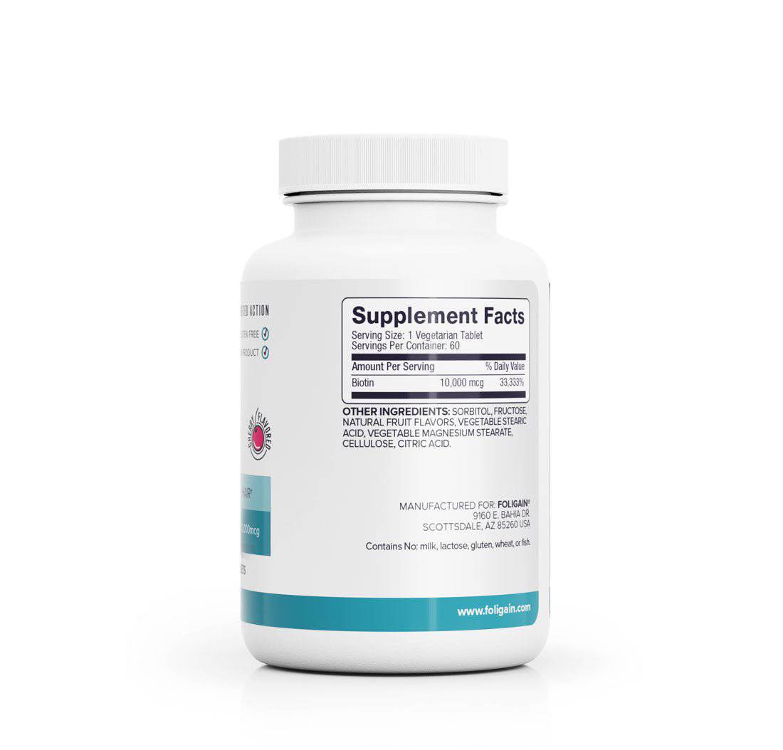 Foligain Biotin Supplement (Fast Dissolve) 10,000 mcg, 60 Tablets – product photo