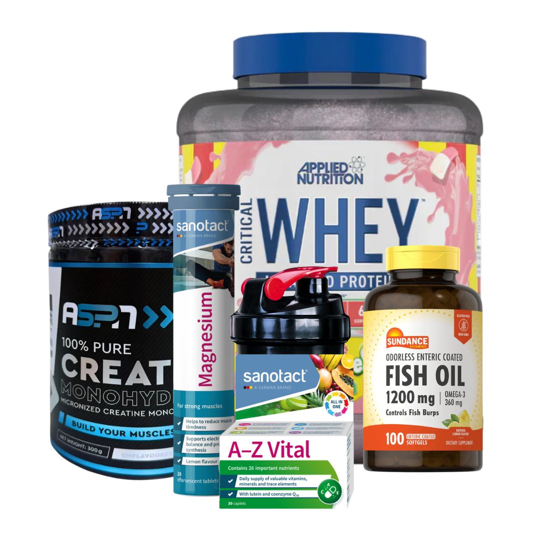 Gym Essentials (Critical Whey | Creatine | Multivitamin | Fish Oil | Magnesium) + Free Shaker