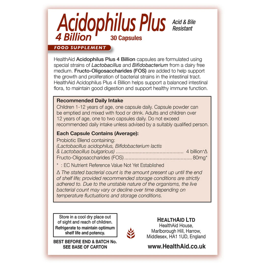 Health Aid Acidophilus Plus 4 Billion, 60 Vegetable Capsules | 4 Billion Live Cultures with Prebiotic FOS – product photo