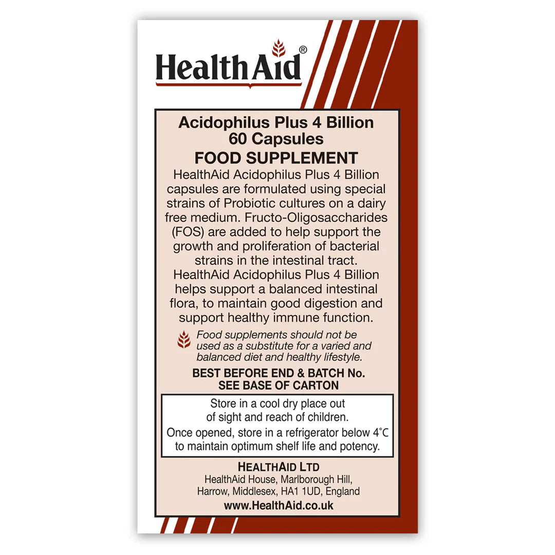 Health Aid Acidophilus Plus 4 Billion, 60 Vegetable Capsules | 4 Billion Live Cultures with Prebiotic FOS – product photo