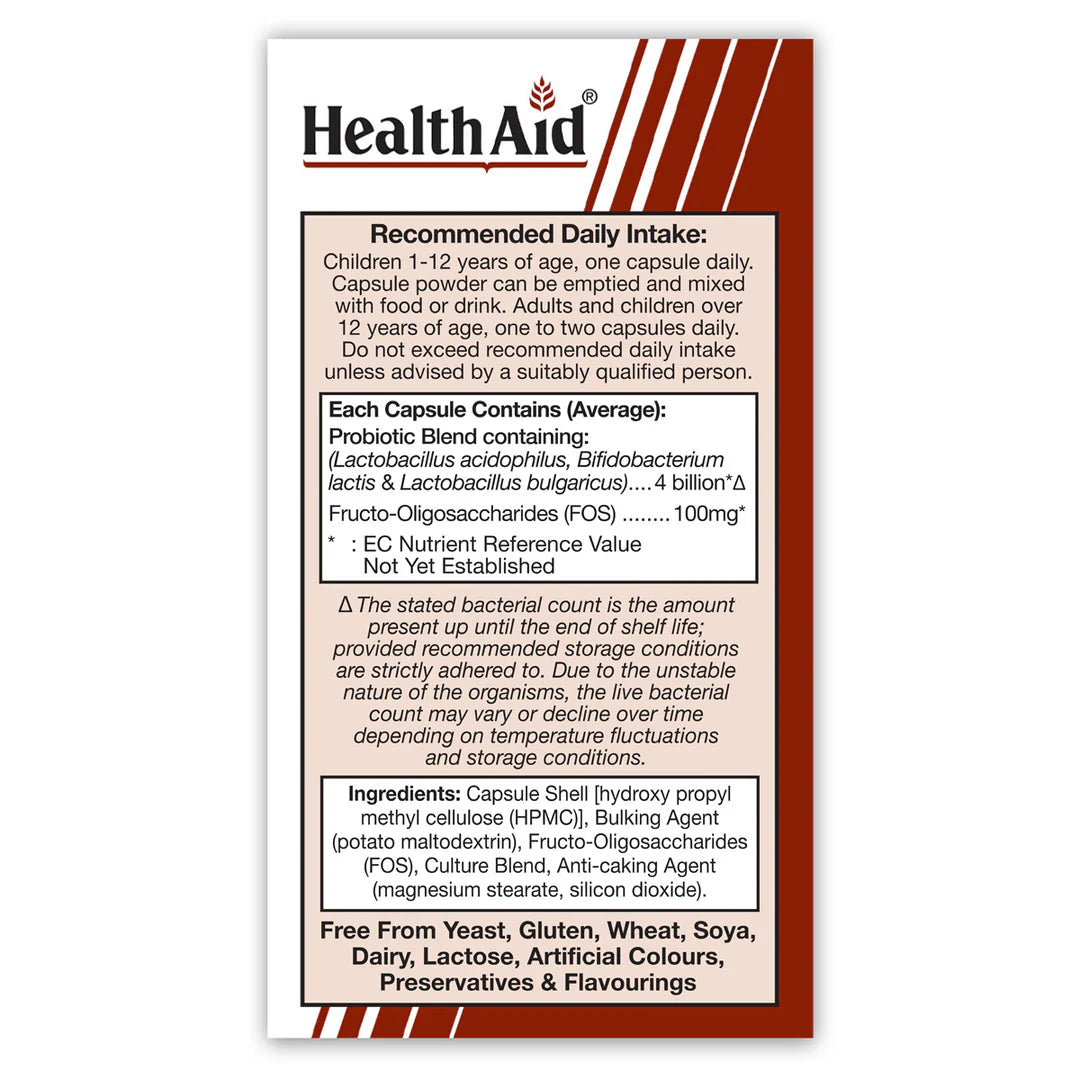 Health Aid Acidophilus Plus 4 Billion, 60 Vegetable Capsules | 4 Billion Live Cultures with Prebiotic FOS – product photo