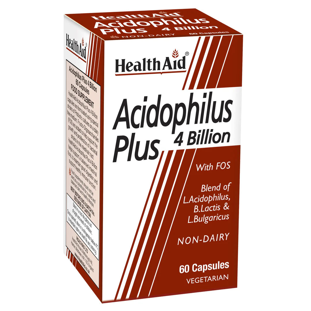 Health Aid Acidophilus Plus 4 Billion, 60 Vegetable Capsules | 4 Billion Live Cultures with Prebiotic FOS