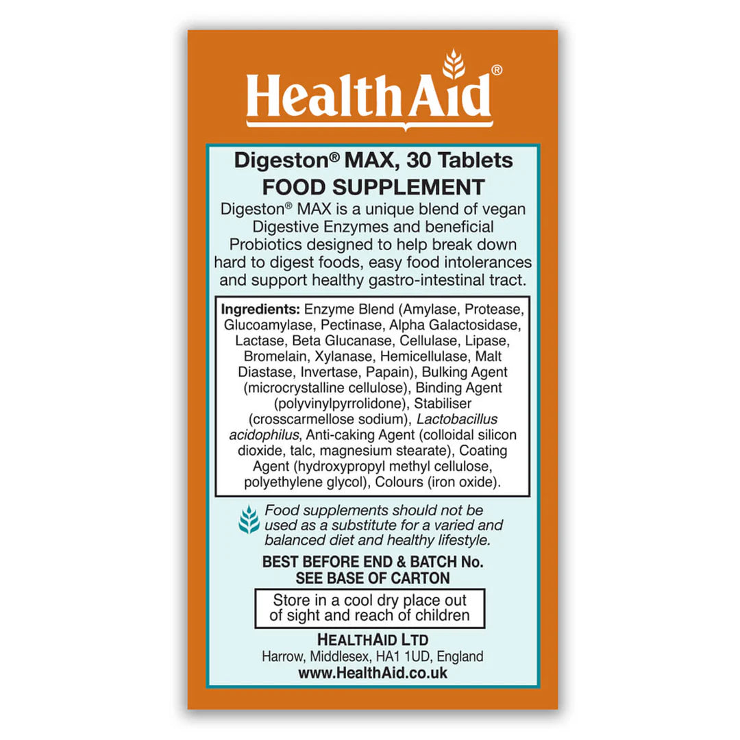 Health Aid Digeston Max, 30 Tablets | Vegan Digestive Enzymes with Probiotic Lactobacillus – product photo