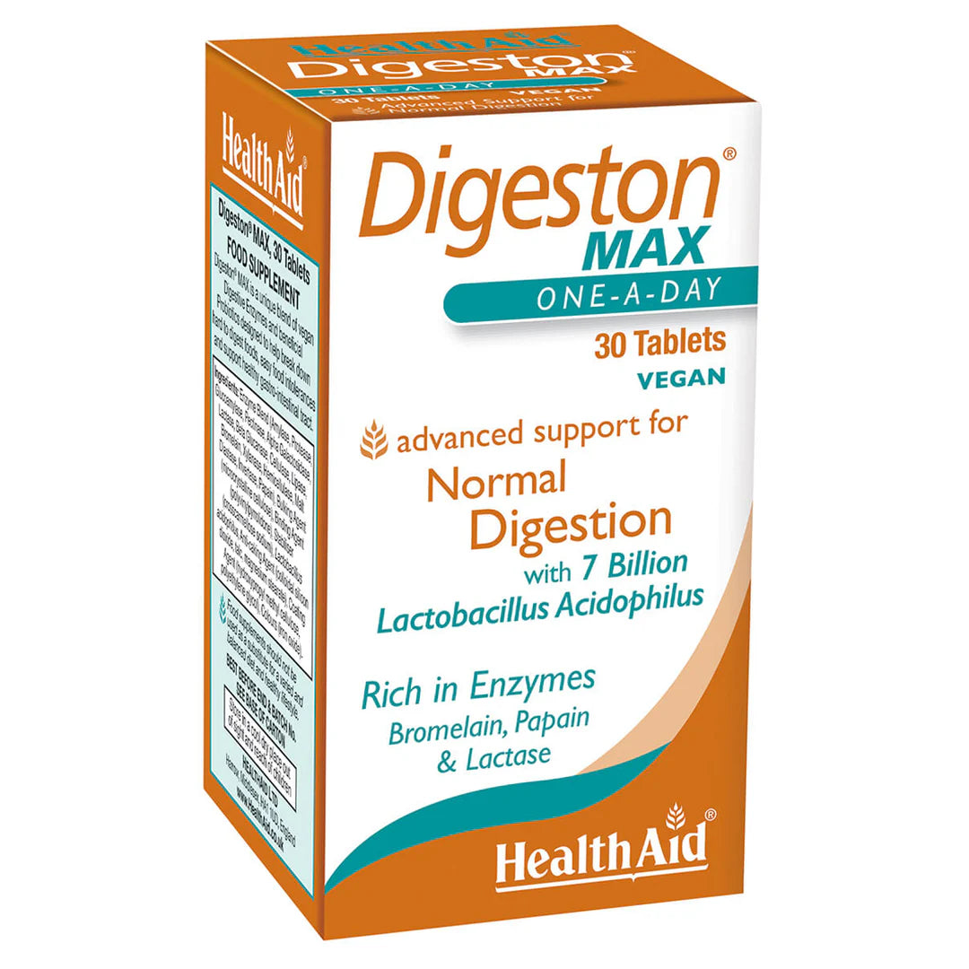 Health Aid Digeston Max, 30 Tablets | Vegan Digestive Enzymes with Probiotic Lactobacillus