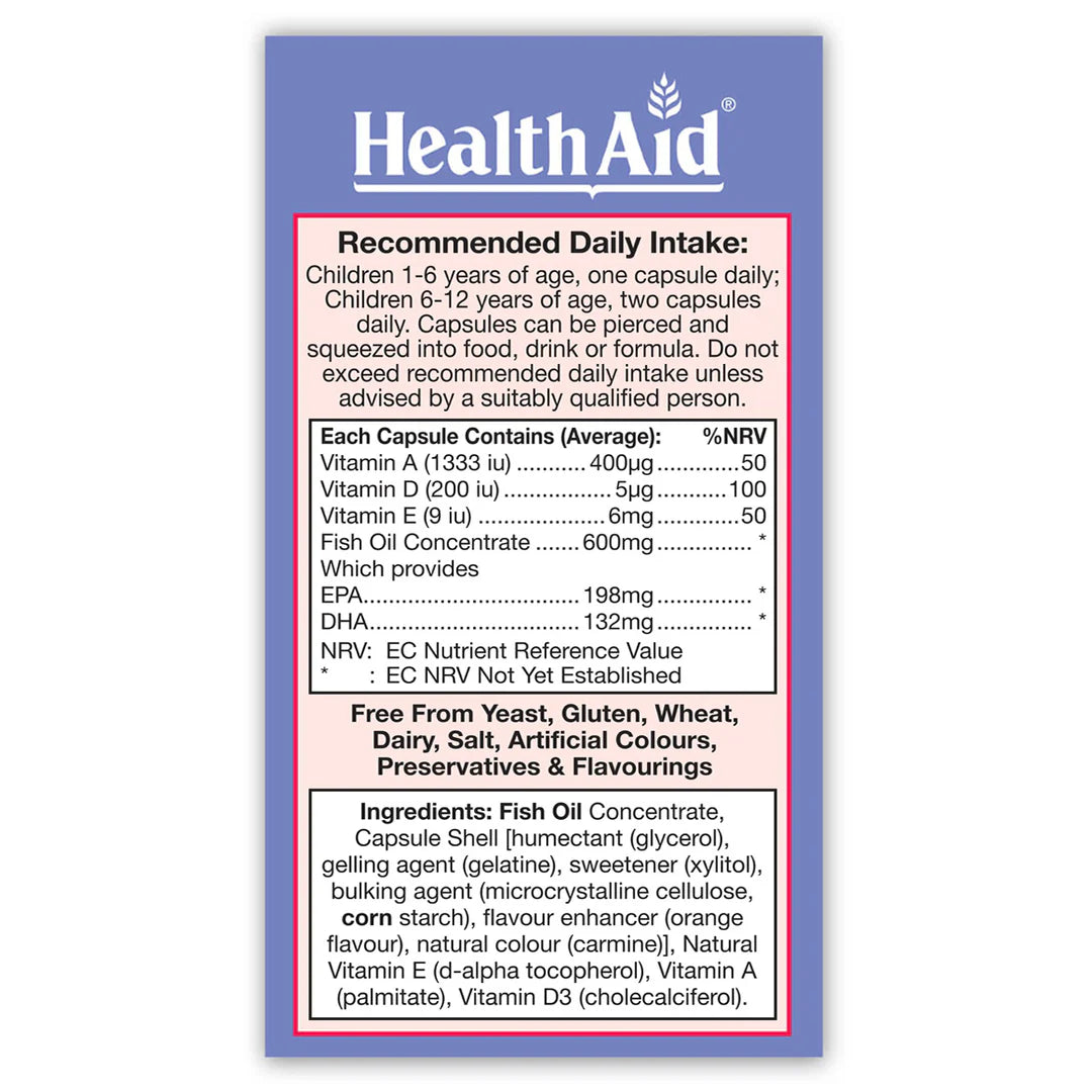 Health Aid KidzOmega, 60 Chewable Capsules | Kids Omega-3 Fish Oil with Vitamins A, D & E – product photo