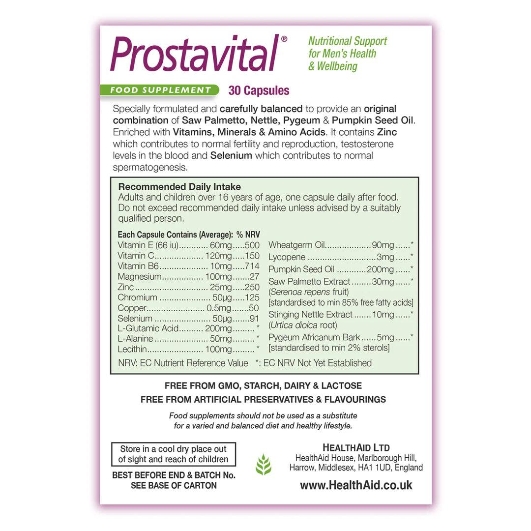 Health Aid Prostavital, 30 Capsules | Zinc, Selenium & Saw Palmetto Formula for Men – product photo