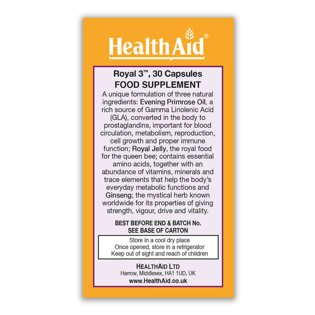 Health Aid Royal 3, 30 Capsules | Evening Primrose Oil, Royal Jelly & Ginseng – product photo