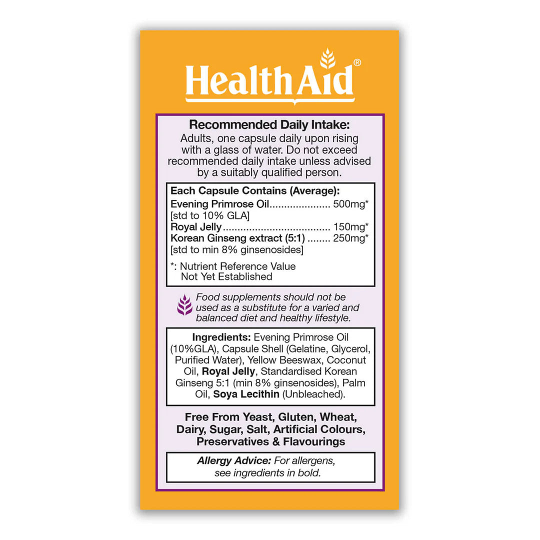 Health Aid Royal 3, 30 Capsules | Evening Primrose Oil, Royal Jelly & Ginseng – product photo