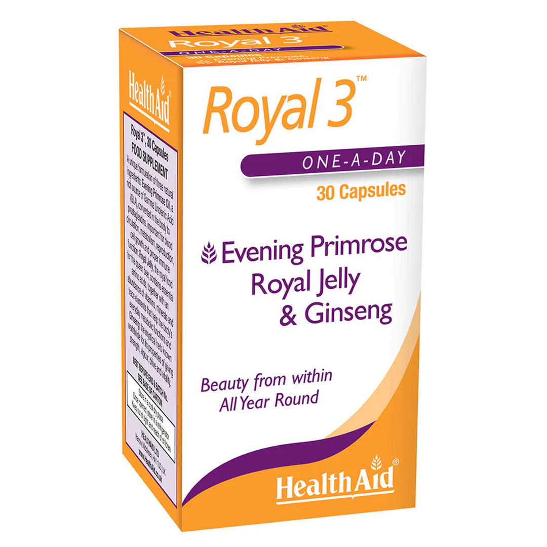Health Aid Royal 3, 30 Capsules | Evening Primrose Oil, Royal Jelly & Ginseng