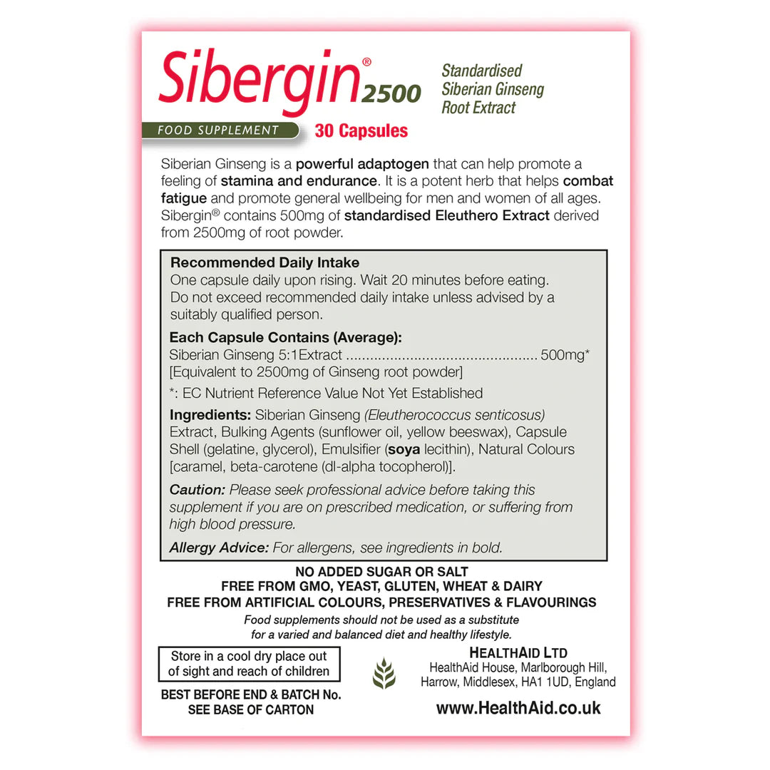 Health Aid Sibergin 2500 Siberian Ginseng 2500 mg, 30 Capsules | High-Strength Siberian Ginseng Extract – product photo