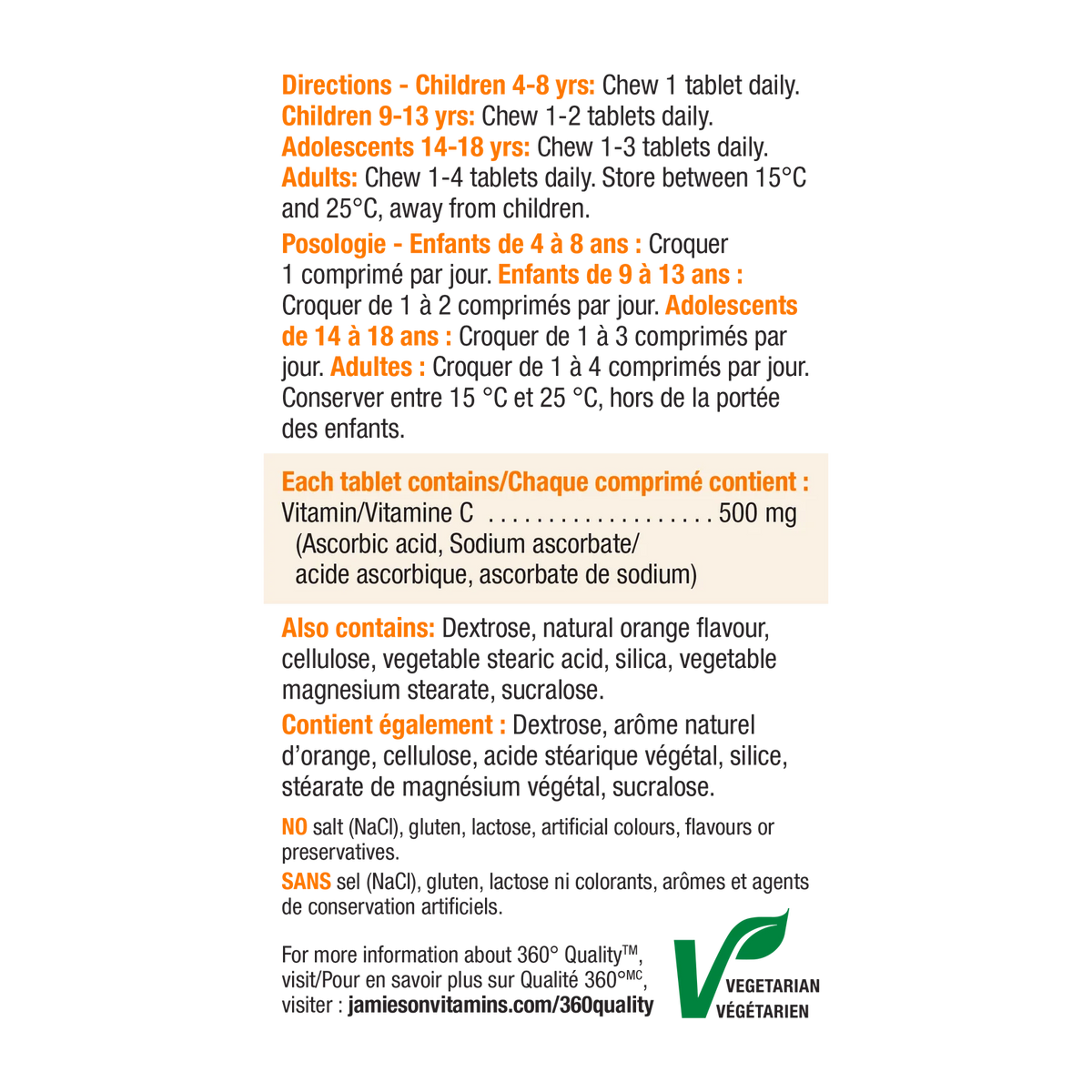 Jamieson Vitamin C Chewable Tangy Orange 500 mg, 100 Chewable Tablets | Chewable Vitamin C, Tangy Orange Flavour – product photo