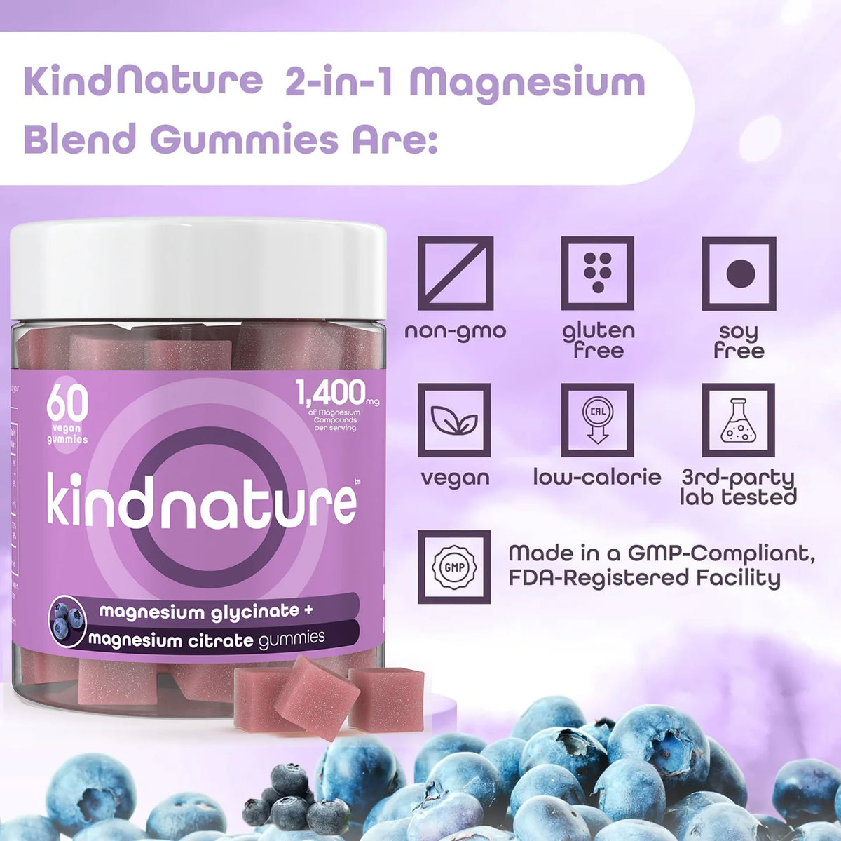 Kindnature 2-in-1 Magnesium Glycinate + Citrate, 60 Gummies | Magnesium Glycinate + Citrate Gummies – product photo
