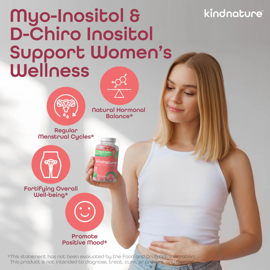 Kindnature Myo-Inositol & D-Chiro Inositol with Vitamin D & Folate, 120 Gummies | Inositol 40:1 with Vitamin D & Folate – product photo