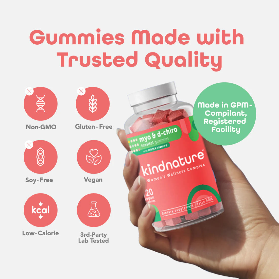 Kindnature Myo-Inositol & D-Chiro Inositol with Vitamin D & Folate, 120 Gummies | Inositol 40:1 with Vitamin D & Folate – product photo