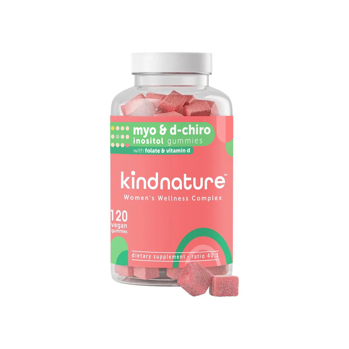 Kindnature Myo-Inositol & D-Chiro Inositol with Vitamin D & Folate, 120 Gummies | Inositol 40:1 with Vitamin D & Folate