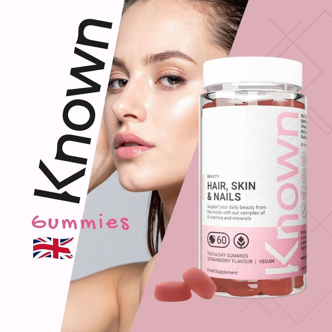Known Nutrition hair, skin, and nails gummies packaging with a woman's face on a pink background