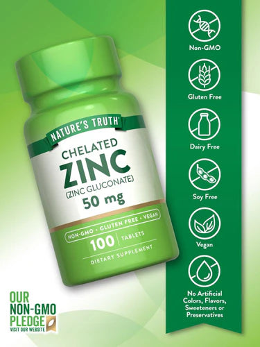 Nature's Truth Zinc Gluconate 50 mg Chelated, 100 Tablets – product photo