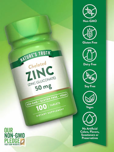 Nature's Truth Zinc Gluconate 50 mg Chelated, 100 Tablets – product photo