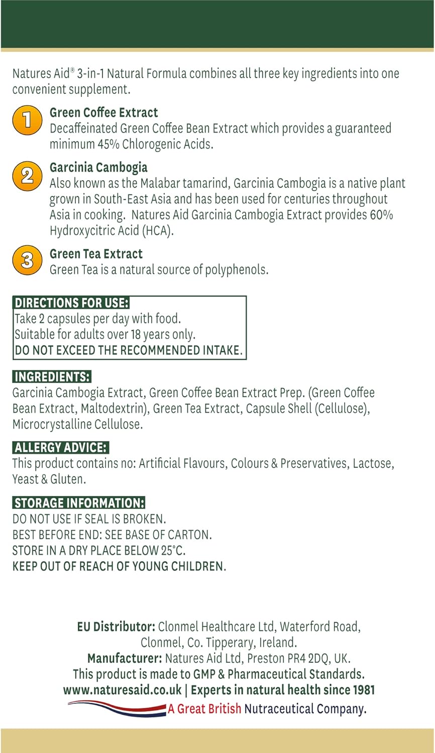 Natures Aid 3-in-1 Natural Formula, 60 Capsules | Garcinia, Green Coffee & Green Tea Extracts – product photo